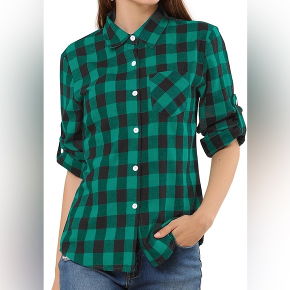 Allegra K Tops - ALLERGA K blue/green plaid flannel
